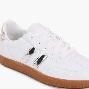 White Sneakers with Silver Accents and Gum Sole